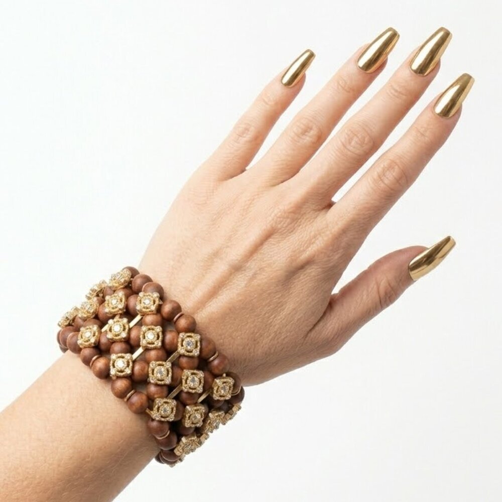 Wide Brown and Gold Beaded Stretch Bracelet